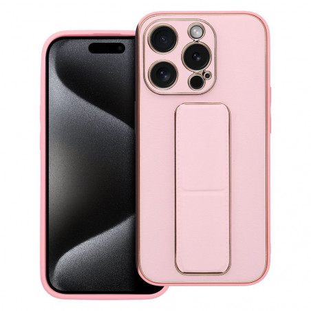 Kryt LEATHER Case Kickstand na Apple iPhone 15 Pro Růžový