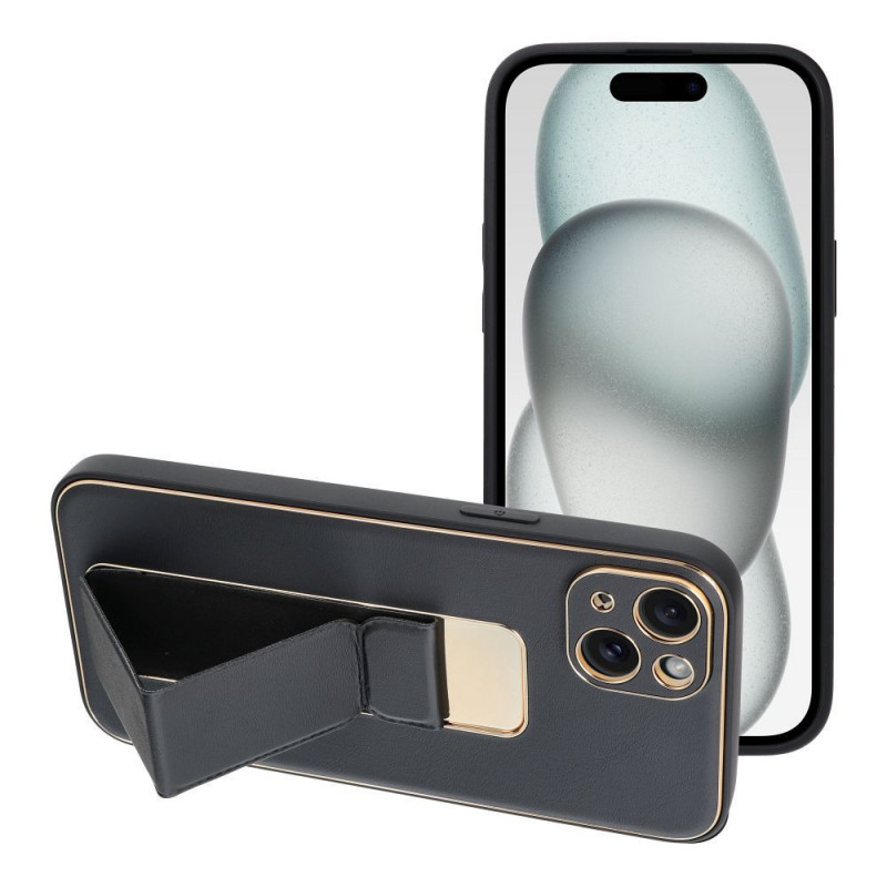 Kryt LEATHER Case Kickstand na Apple iPhone 15 Plus Černý