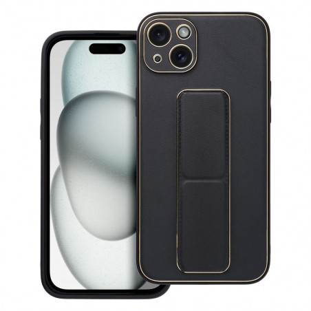 Kryt LEATHER Case Kickstand na Apple iPhone 15 Plus Černý