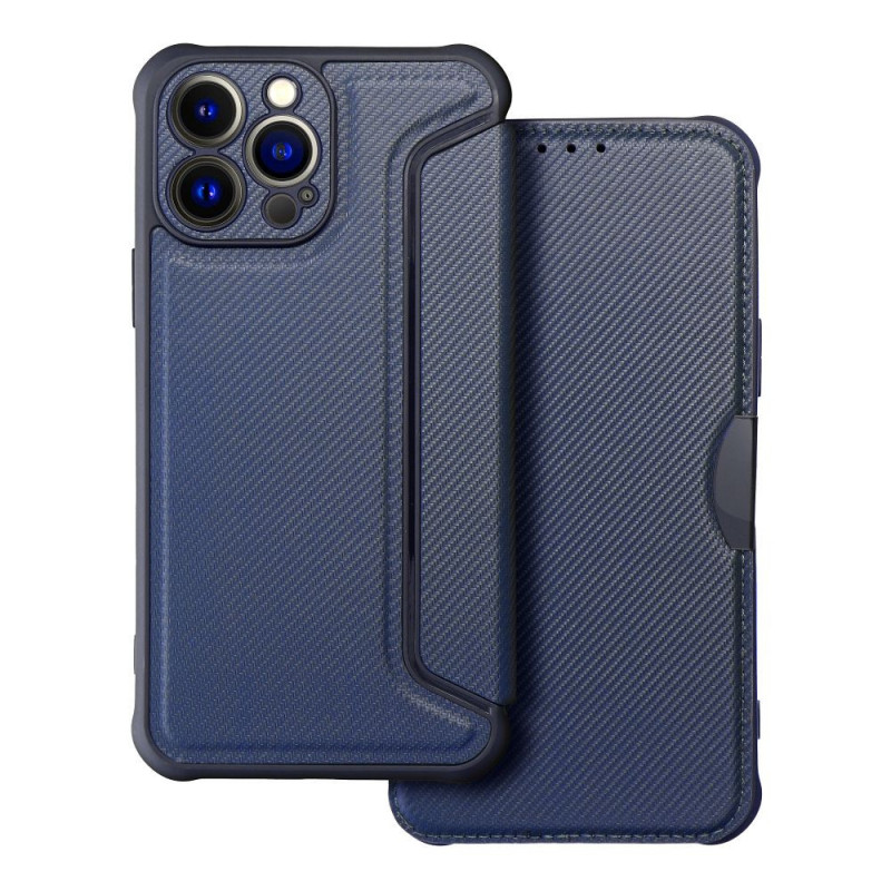 Peněženkové pouzdro Razor Book na Apple iPhone 13 Pro Max Uhlíkové vlákno, Karbonový vzor  Modrý