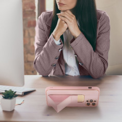 Kryt LEATHER Case Kickstand na Apple iPhone 14 Pro Růžový