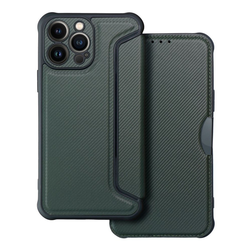 Peněženkové pouzdro Razor Book na Apple iPhone 13 Pro Max Uhlíkové vlákno, Karbonový vzor  Tmavě zelený