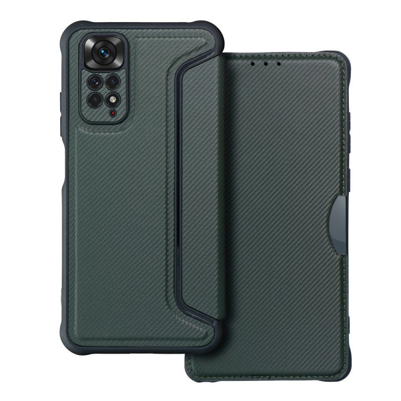 Peněženkové pouzdro Razor Book na XIAOMI Redmi Note 11 Uhlíkové vlákno, Karbonový vzor  Tmavě zelený