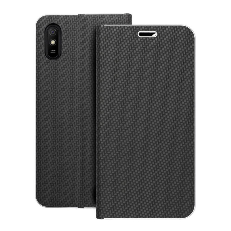 Peněženkové pouzdro LUNA Book Carbon na XIAOMI Redmi 9C NFC Uhlíkové vlákno, Elegantní  Černý