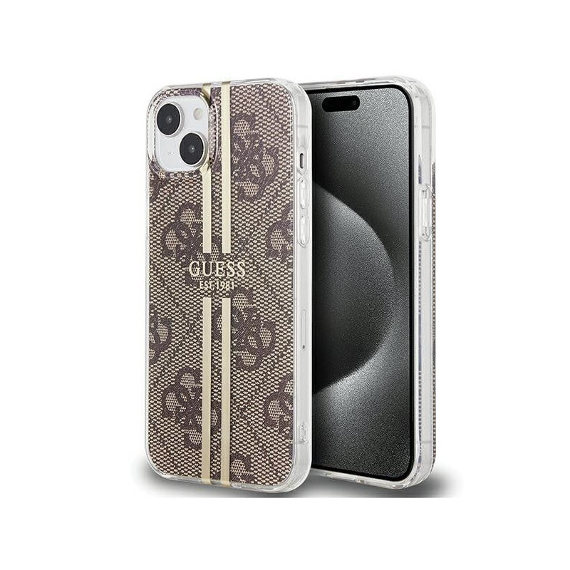 Kryt Guess 4G Gold Stripe na Apple iPhone 15 Elegantní  Hnědý