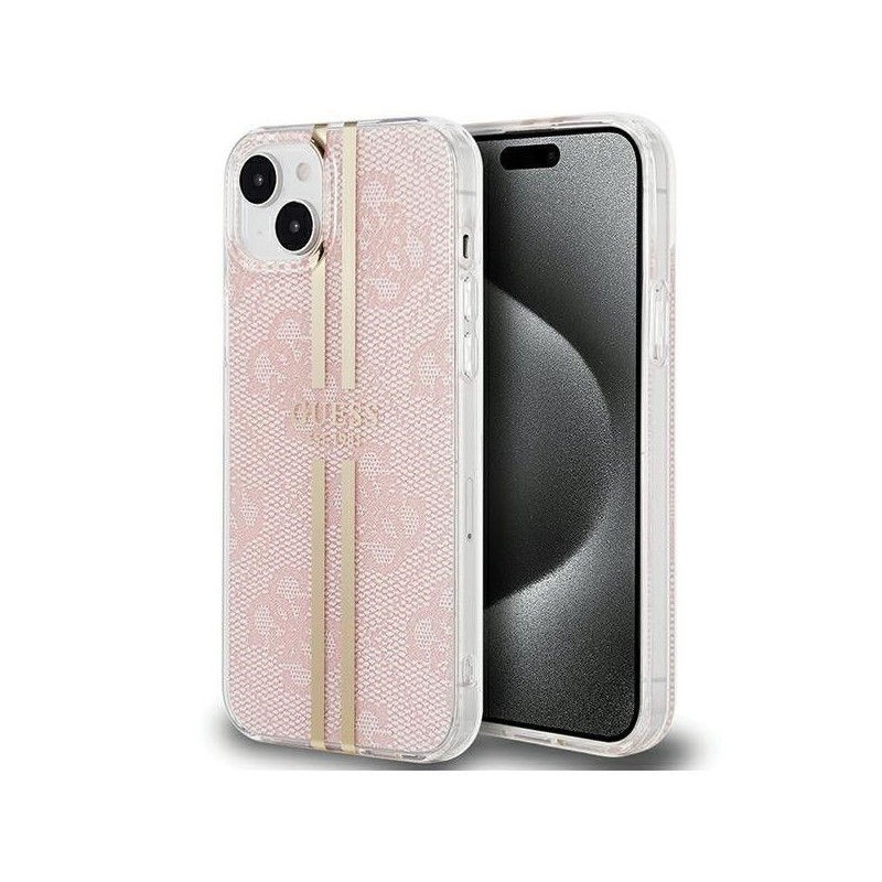 Kryt Guess 4G Gold Stripe na Apple iPhone 15 Plus Elegantní  Růžový