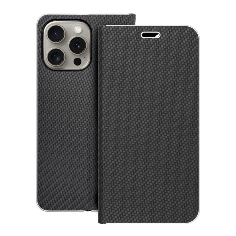 Peněženkové pouzdro LUNA Book Carbon na Apple iPhone 15 Pro Max Uhlíkové vlákno, Elegantní  Černý