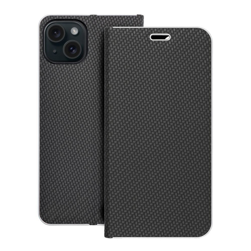 Peněženkové pouzdro LUNA Book Carbon na Apple iPhone 15 Plus Uhlíkové vlákno, Elegantní  Černý