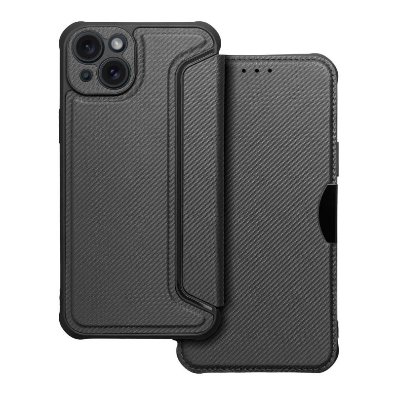 Peněženkové pouzdro Razor Book na Apple iPhone 15 Plus Uhlíkové vlákno, Karbonový vzor  Černý