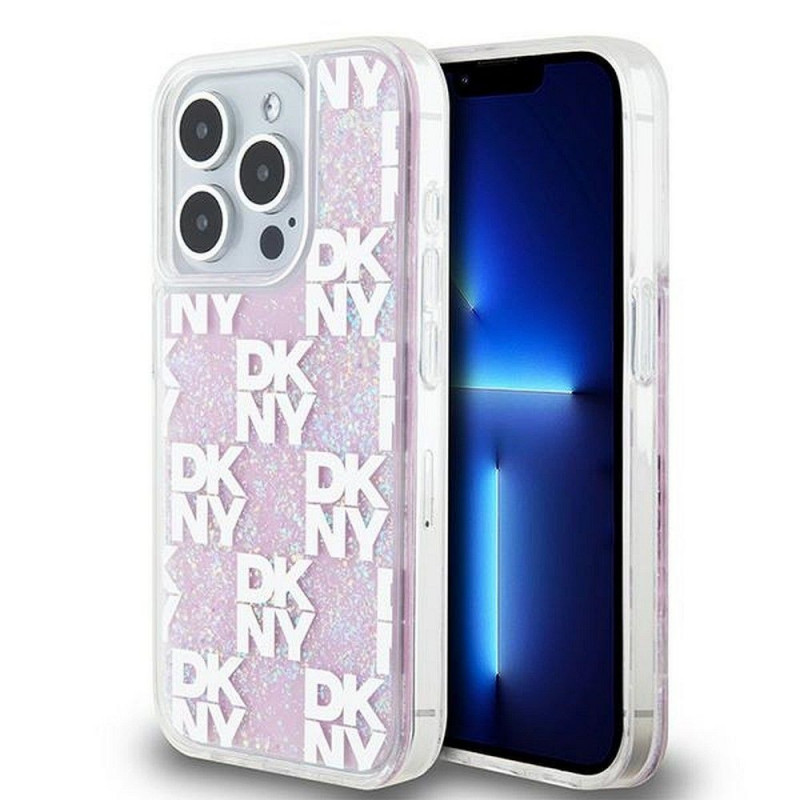Kryt DKNY Liquid Glitters Checkered Pattern na Apple iPhone 15 Pro Růžový