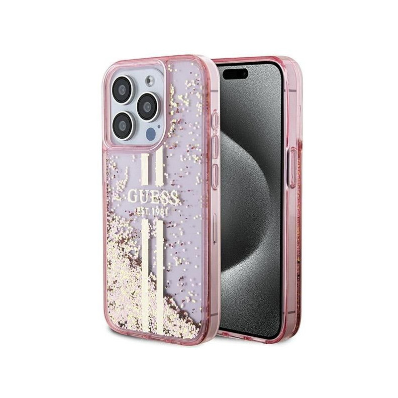 Kryt Guess Liquid Glitter Gold Stripes na Apple iPhone 15 Pro Max Růžový