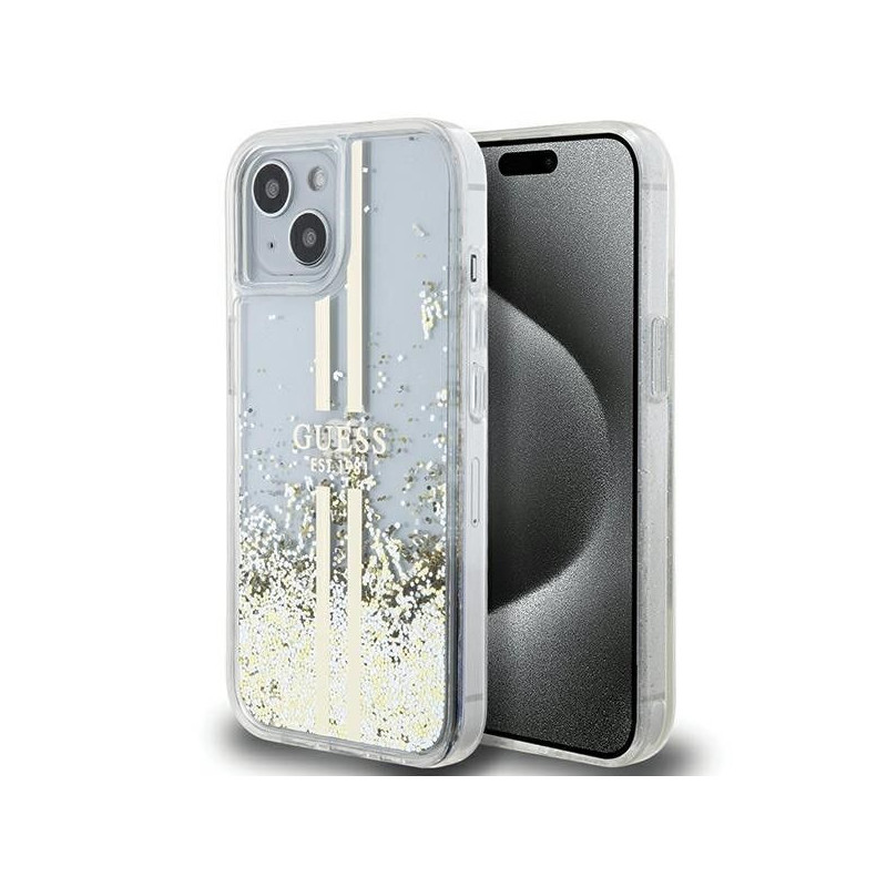 Kryt Guess Liquid Glitter Gold Stripes na Apple iPhone 15 Průhledný