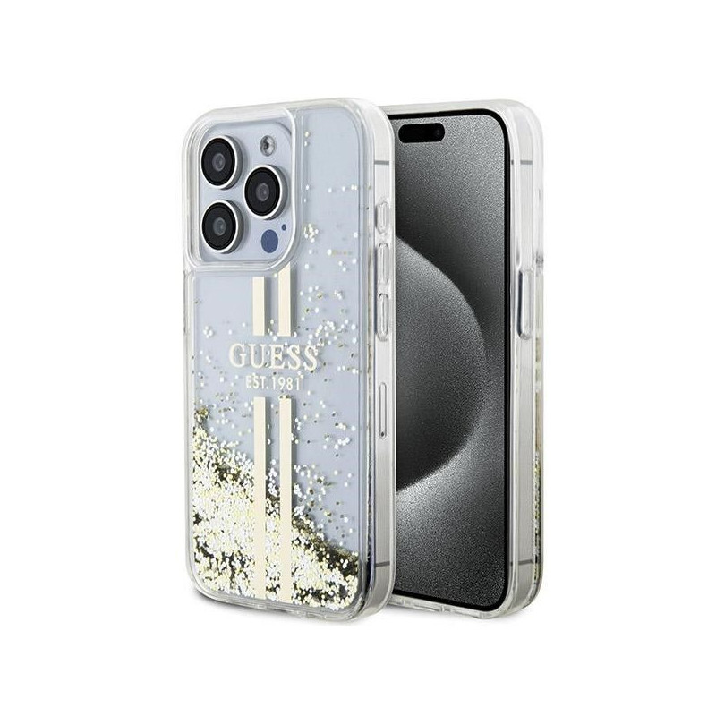 Kryt Guess Liquid Glitter Gold Stripes na Apple iPhone 15 Pro Průhledný