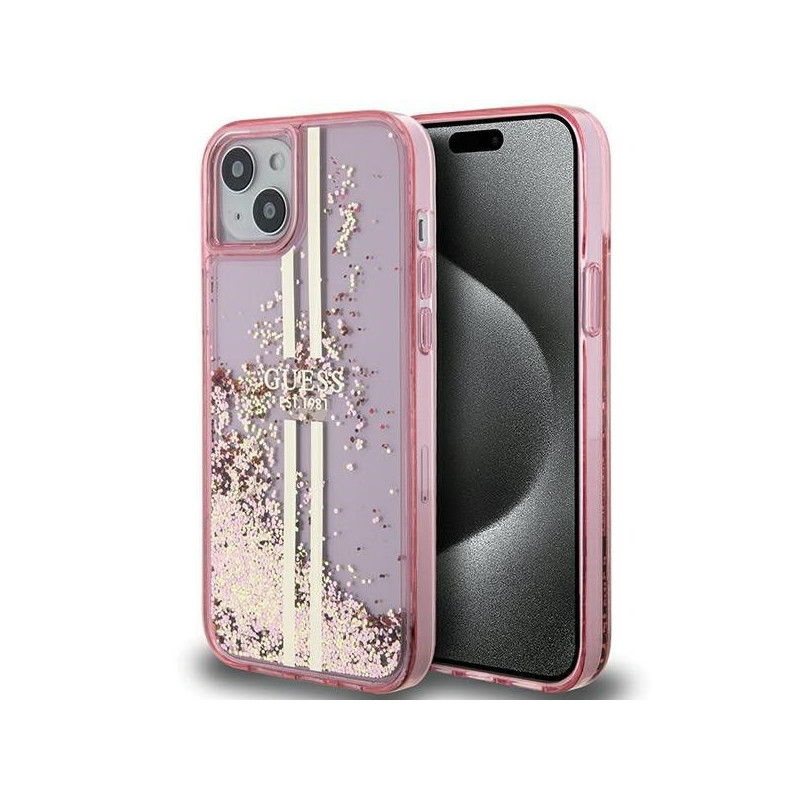 Kryt Guess Liquid Glitter Gold Stripes na Apple iPhone 15 Plus Růžový