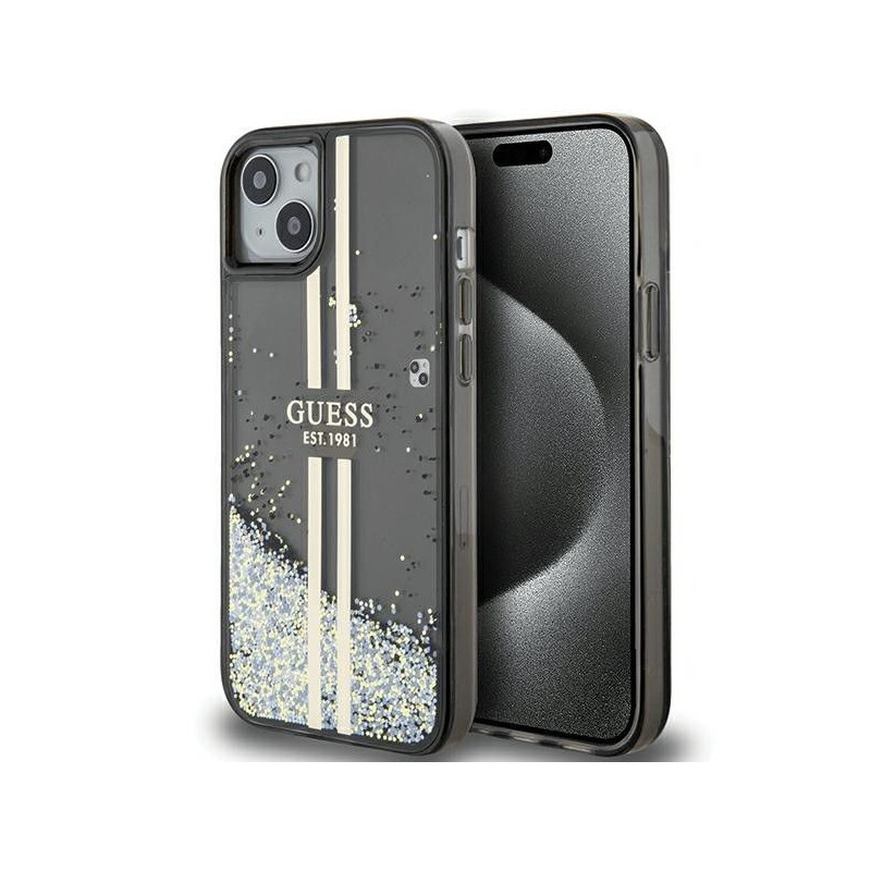 Kryt Guess Liquid Glitter Gold Stripes na Apple iPhone 15 Plus Černý