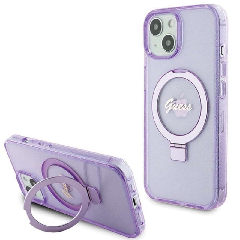 Kryt Guess Glitter Script Logo - Ring stand na Apple iPhone 15 Plus MagSAFE  Fialový (Purple)