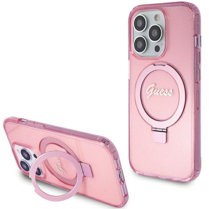 Kryt Guess Glitter Script Logo - Ring stand na Apple iPhone 15 Pro Max MagSAFE  Růžový