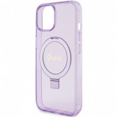 Kryt Guess Glitter Script Logo - Ring stand na Apple iPhone 15 MagSAFE  Fialový (Purple)
