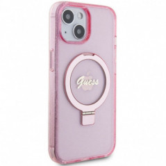 Kryt Guess Glitter Script Logo - Ring stand na Apple iPhone 15 MagSAFE  Růžový