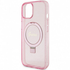 Kryt Guess Glitter Script Logo - Ring stand na Apple iPhone 15 MagSAFE  Růžový