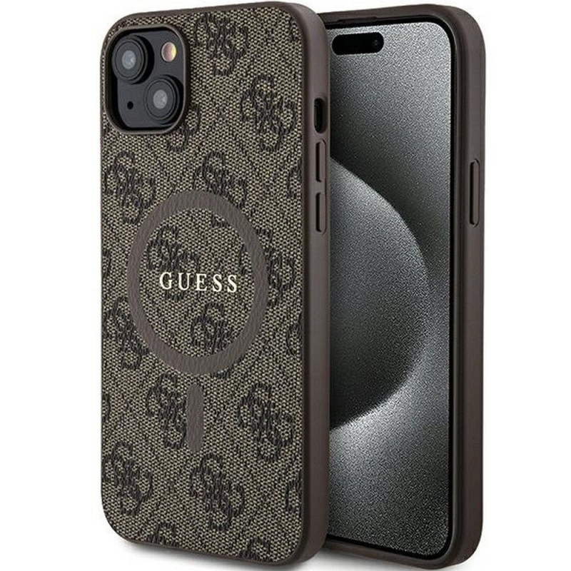 Kryt Guess Leather 4G Metal Logo na Apple iPhone 15 Plus Hnědý