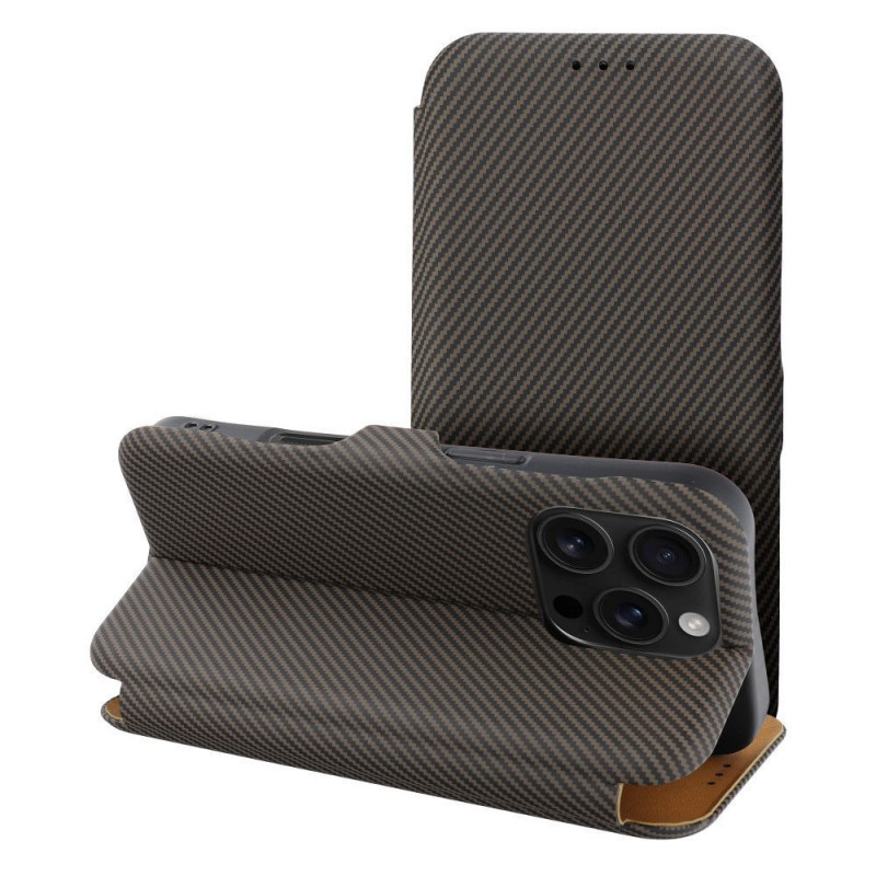 Peněženkové pouzdro FOLIO Side Magnet na Apple iPhone 16 Pro Max Elegantní, Karbonový vzor Hnědý Peněženkové pouzdro FOLIO Side Magnet na Apple iPhone 16 Pro Max Elegantní, Karbonový vzor Hnědý