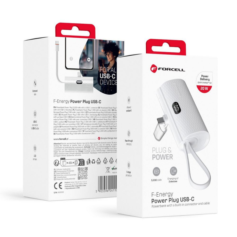 Forcell Power bank F-Energy Power Plug F5K3 5 000mAh pro typ C PD 20W bílá