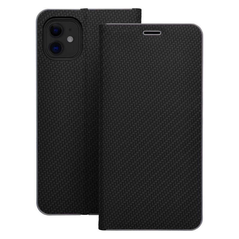 Peněženkové pouzdro LUNA Book Carbon na Apple iPhone 16e Uhlíkové vlákno, Elegantní  Černý