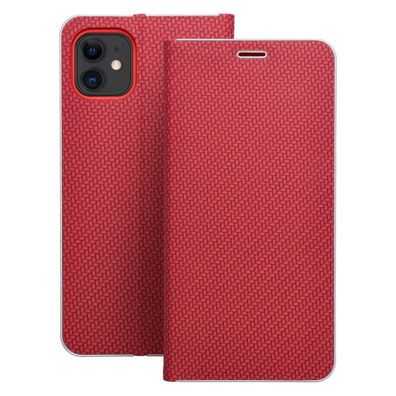Peněženkové pouzdro LUNA Book Carbon na Apple iPhone 16e Uhlíkové vlákno, Elegantní  Červený